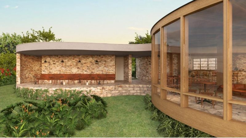 Projeto da Pizzaria do Azeite Sabiá, da Play Arquitetura, em formato circular e com duas partes distintas e integradas