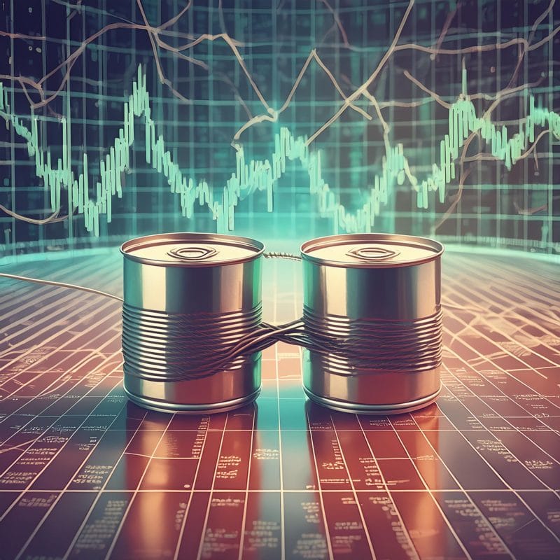Firefly fazer imagem em estilo retro de duas latas unidas por um fio com pano de fundo do mercado fi | Brazil Economy