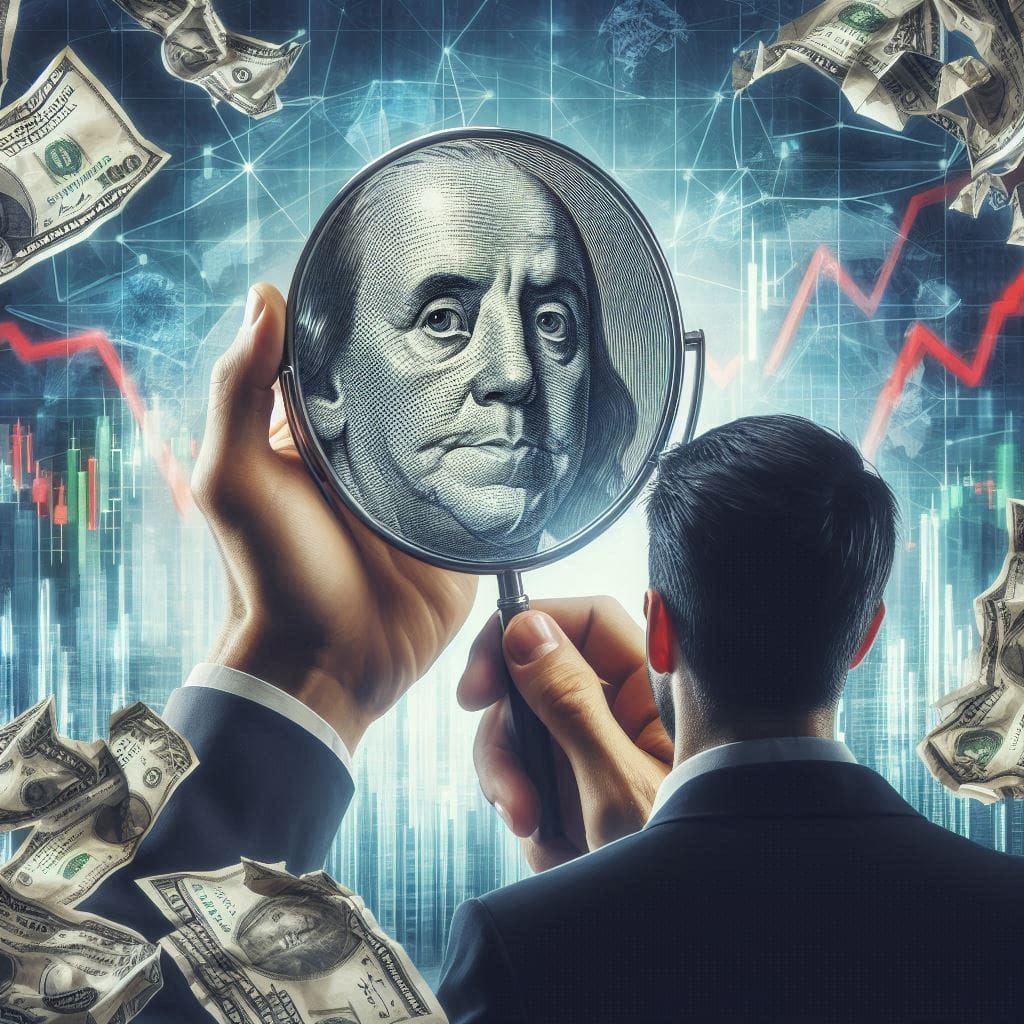 Mercado ajusta foco para rumo dos juros, mas está de olho no dólar 1 | Brazil Economy uma nota de dolar amassada vista de um espelho com um homem vendo a imagem de costas e simbolos do mercado financeiro ao fundo | Brazil Economy