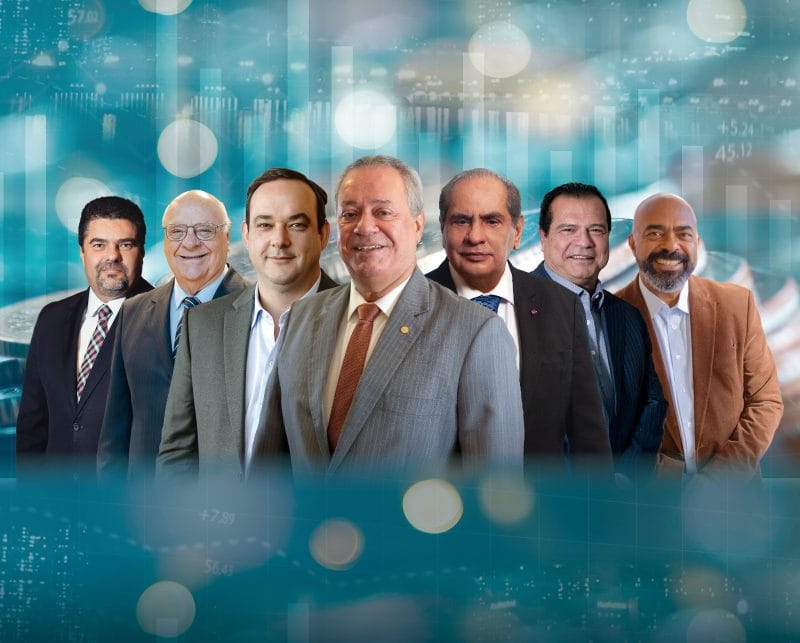 Que Brasil é esse? O que pensam os líderes de sete pilares da economia 20 | Brazil Economy Da esq. à dir., Antonio Carlos Souza dos Santos (SESCON-SP), Roberto Mateus Ordine (ACSP), Flávio Roscoe (FIEMG), Ricardo Alban (CNI), José Roberto Tadros (CNC),Tirso Meirelles (FAESP/SENAR-SP) e Tadeu Silva (Acrefi)