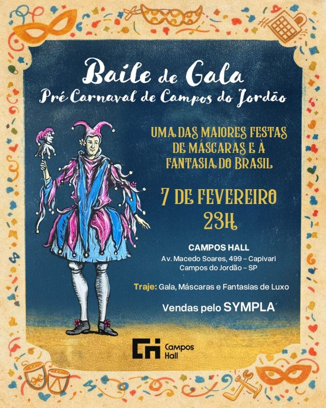 Convite do Baile de Gala de Pré-Carnaval, no dia 7 de fevereiro: ingresso solidário e renda revertida para projeto social